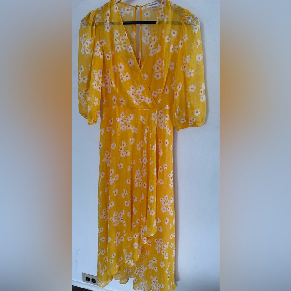 Calvin Klein Size 2 Faux Wrap Sheer Floral Yellow Dress